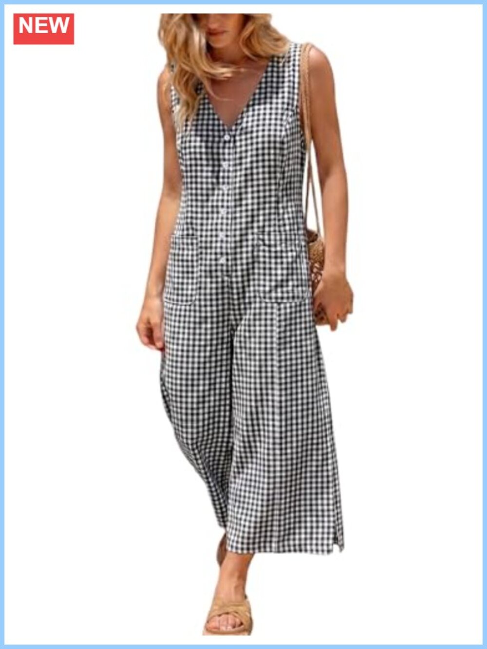 Women's Button Down Gingham Plaid Jumpsuit, Sleeveless Wide Leg Romper